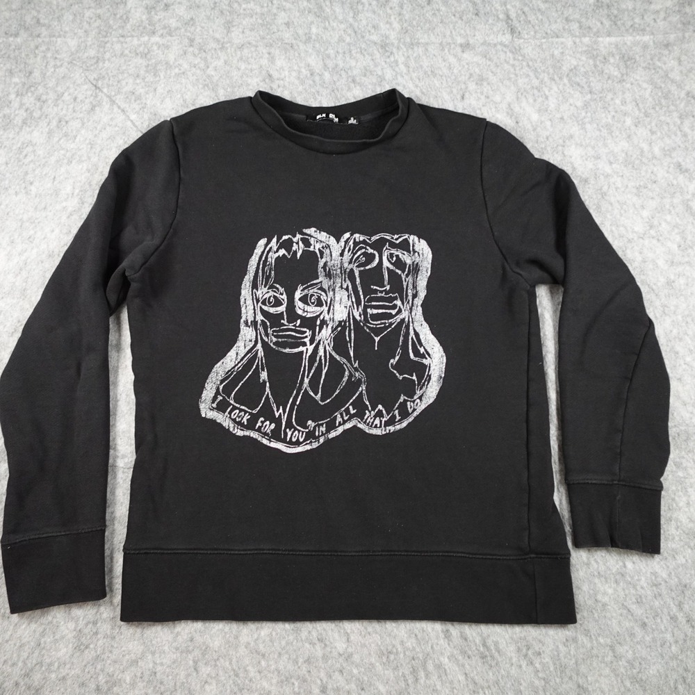 BLK DNM Sweatshirt Women Small Black Graphic Crewneck Pullover Avant Garde Edgy